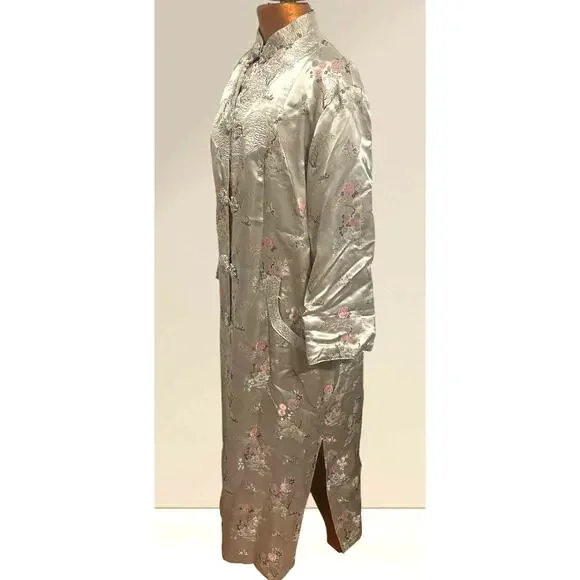 Vtg Gold Asian Satin Brocade Long Cheongsam Robe Jacket Embroidered Floral Sz XL - Picture 4 of 13